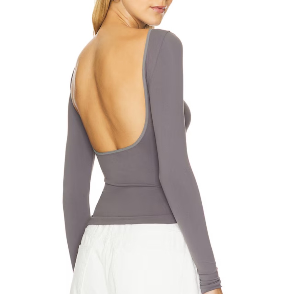 Intimately Free People Low Back Seamless Long Sleeve in Dark Gull Gray